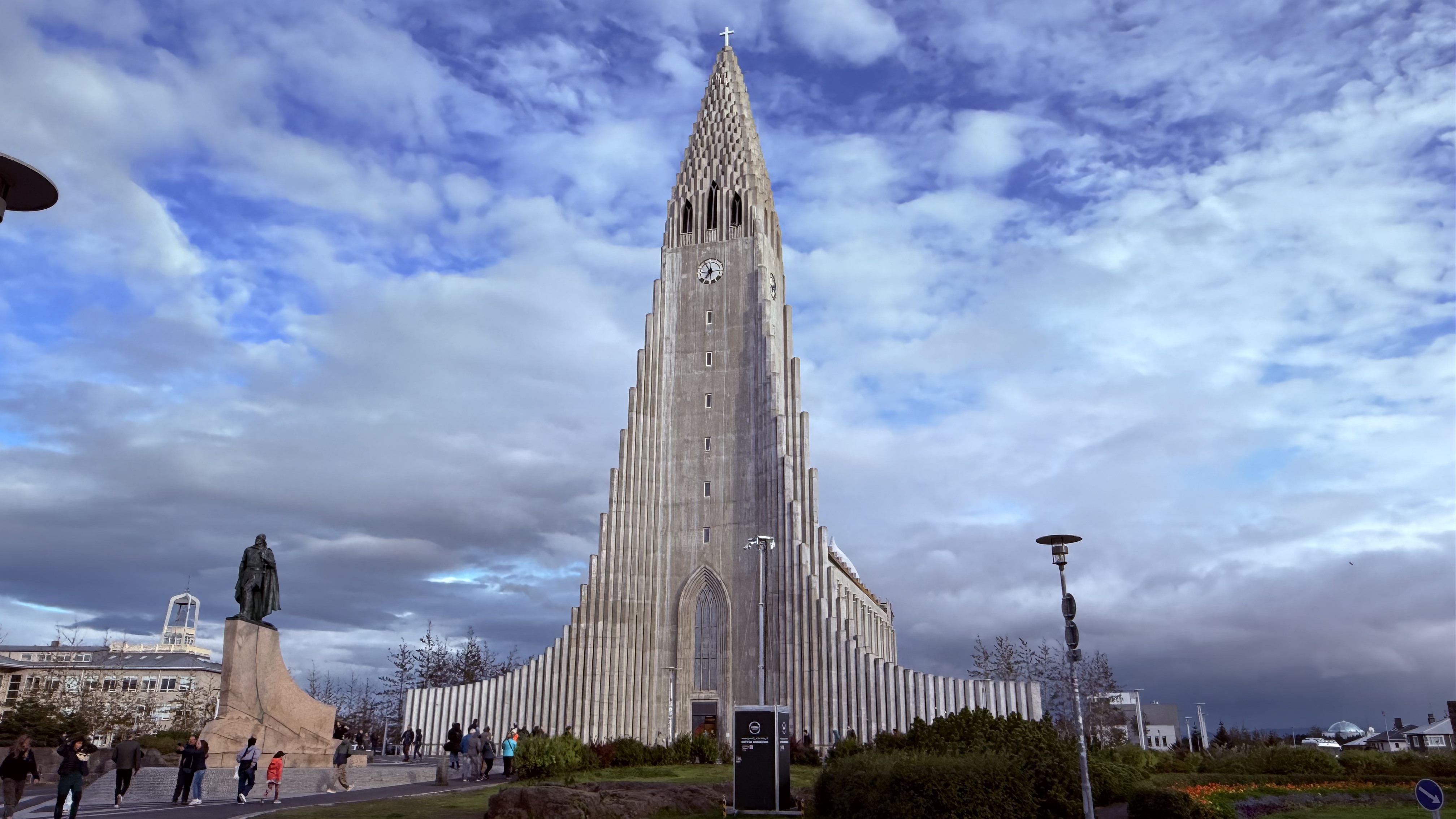 Hallgrimskirkja church towering against a dramatic sky