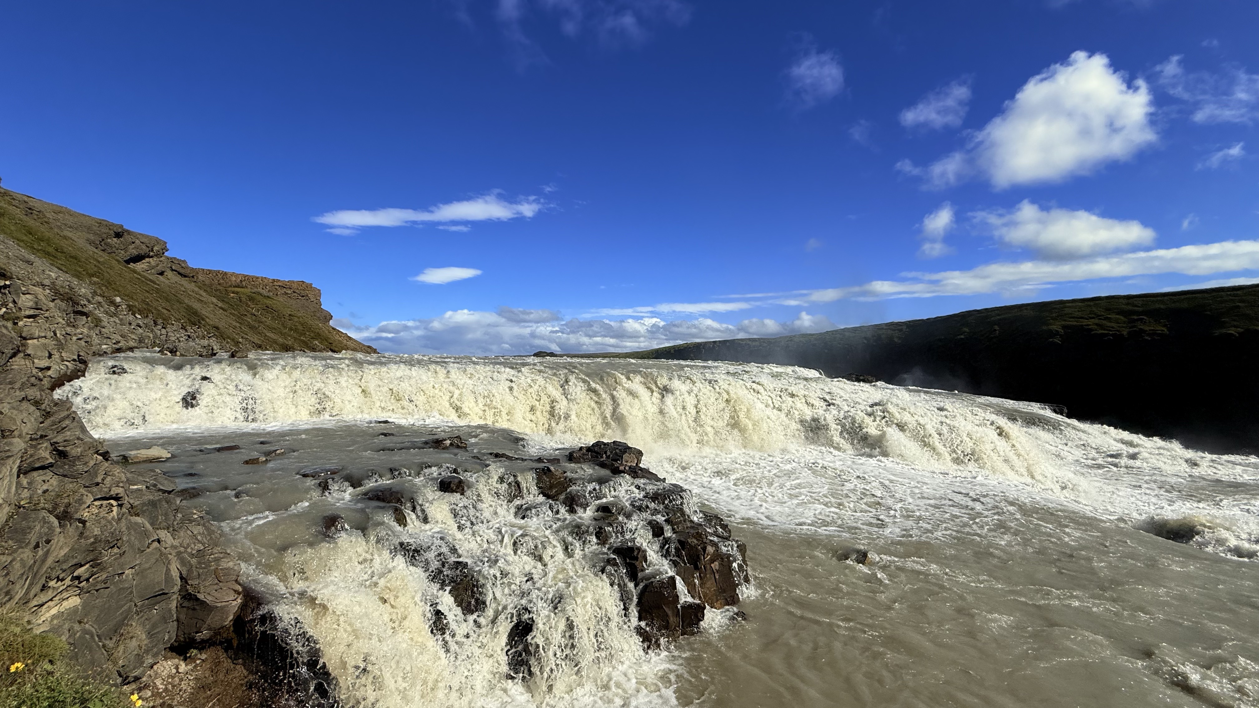 Close-up of Gullfoss waterfall, raw glacial water crashing over rocks