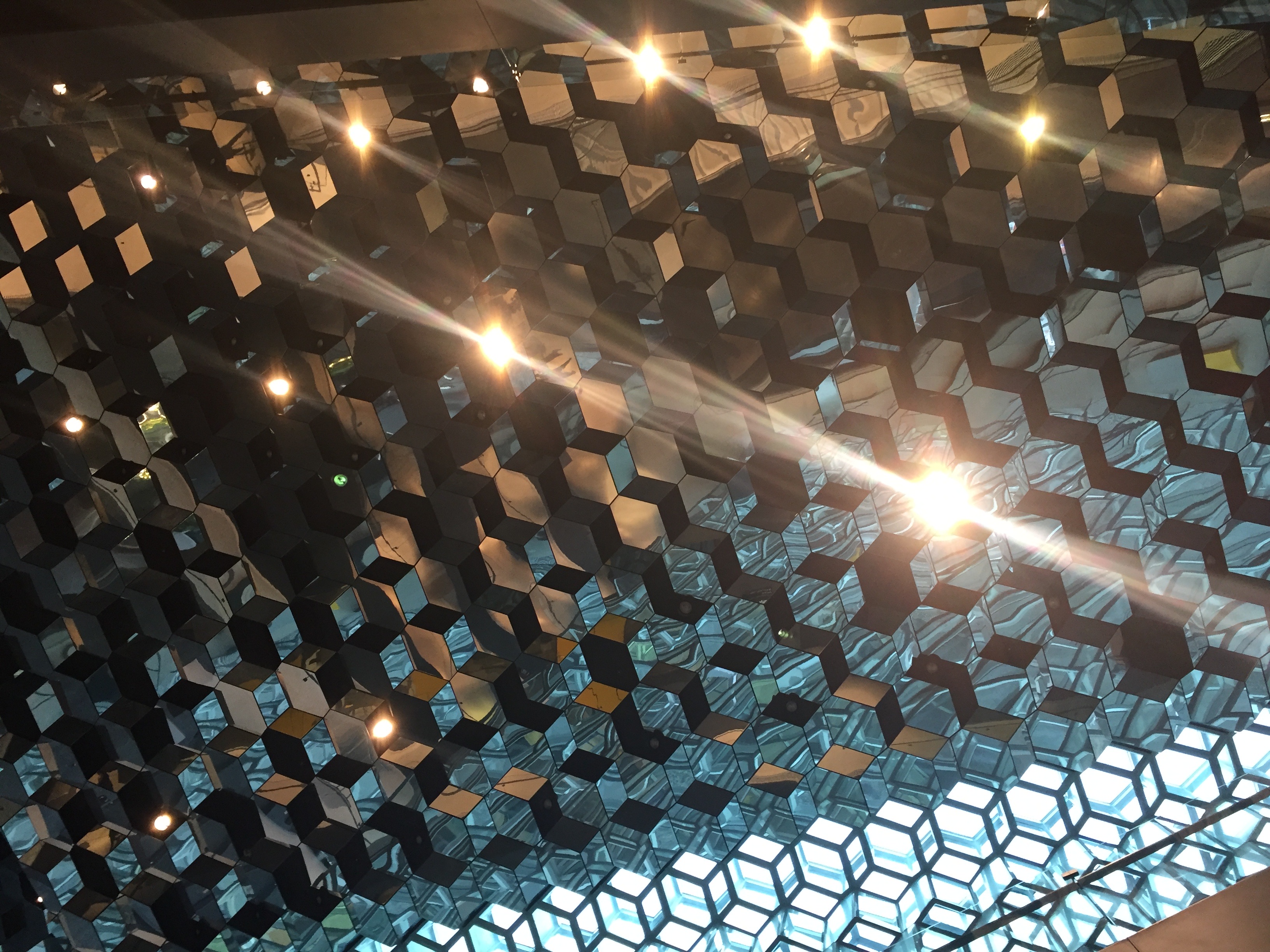 Harpa's geometric glass ceiling from inside