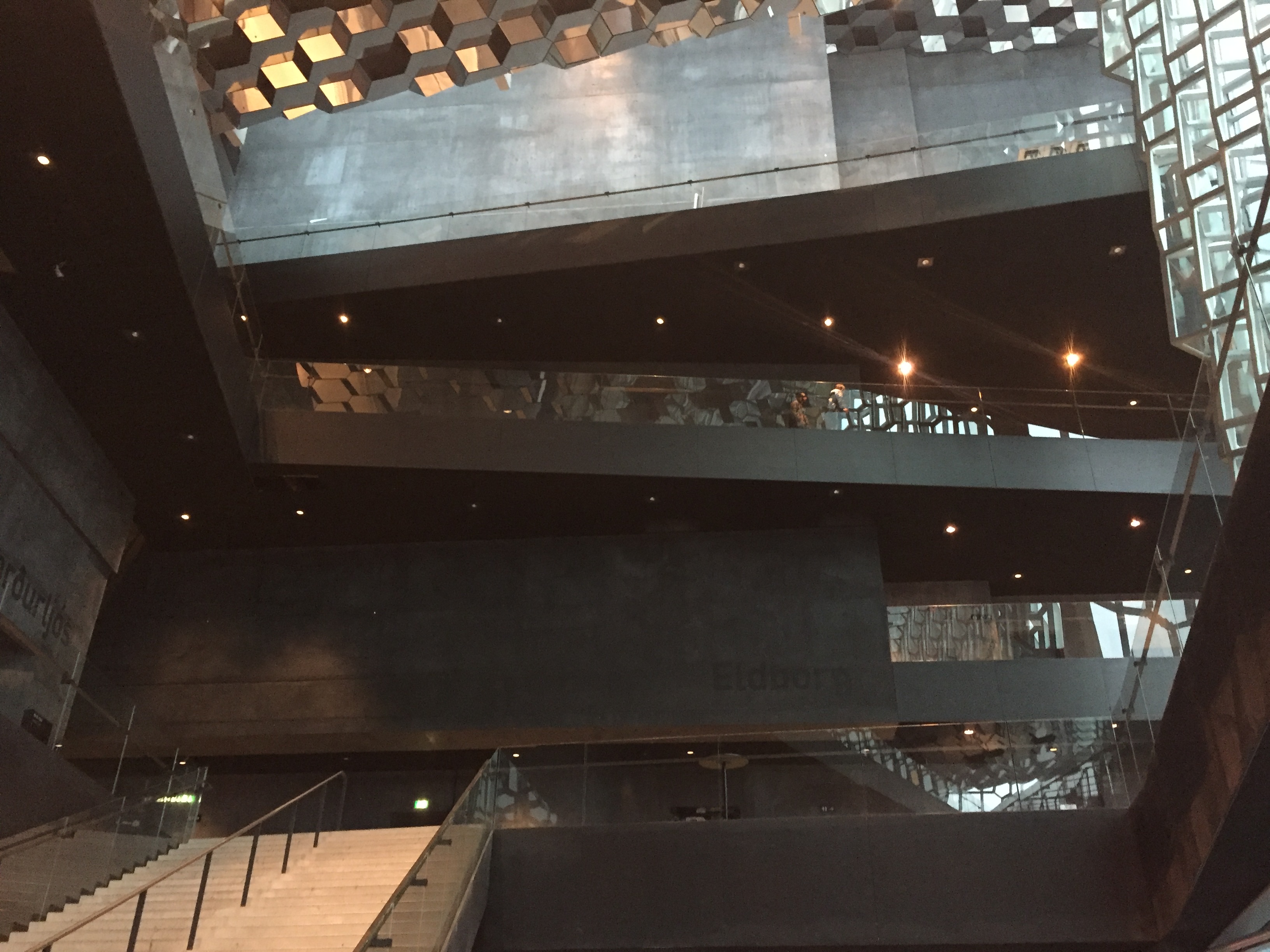 The dramatic interior staircase at Harpa